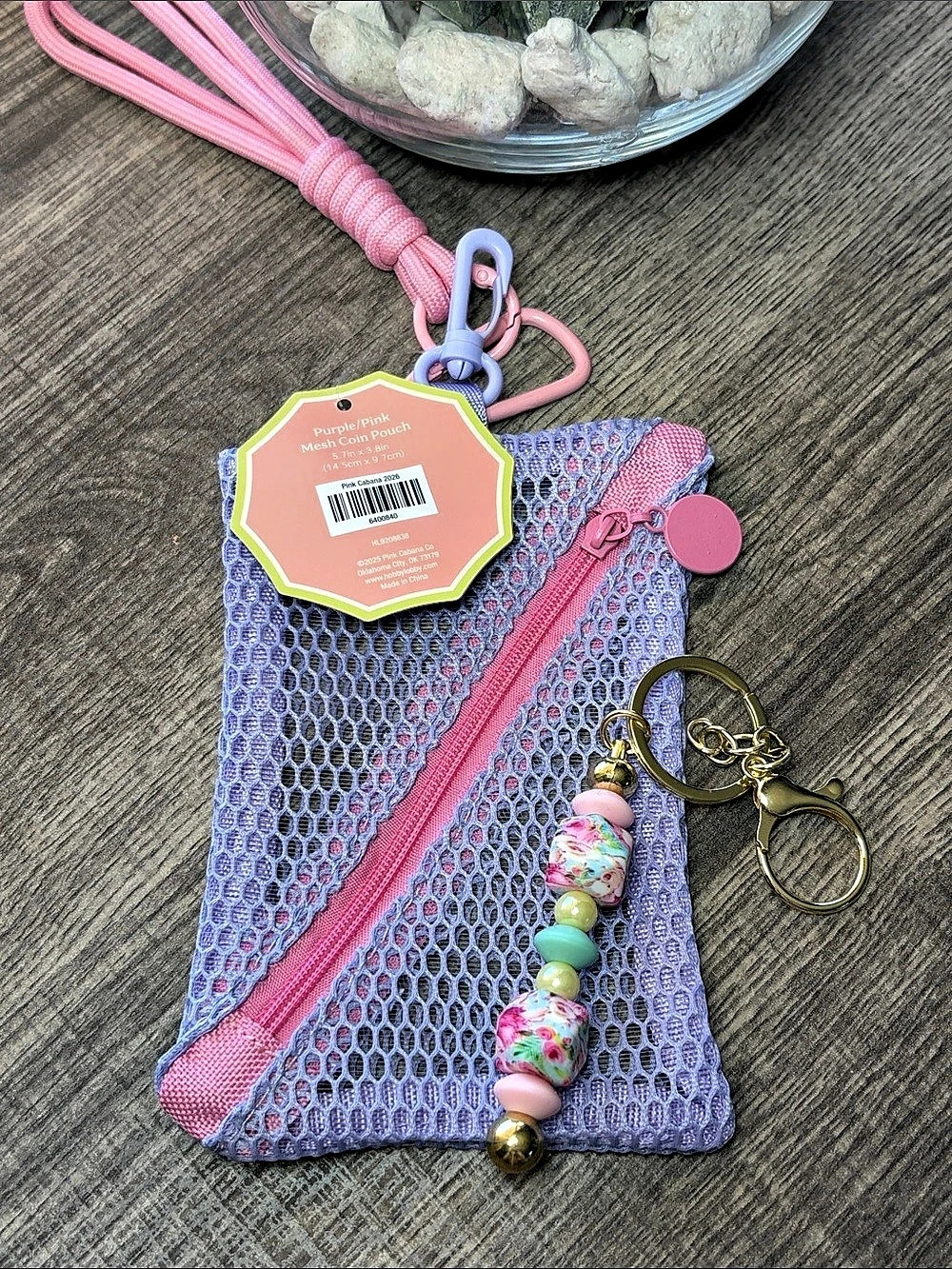 🔥5 for $25🔥 Pink Cabana Mesh Cosmetic Pouch in Purple & Pink with Handmade Keych
